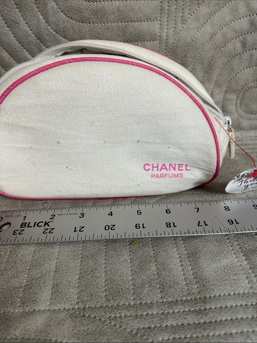 CHANEL White Canvas Cosmetic Pouch with Pink Trim